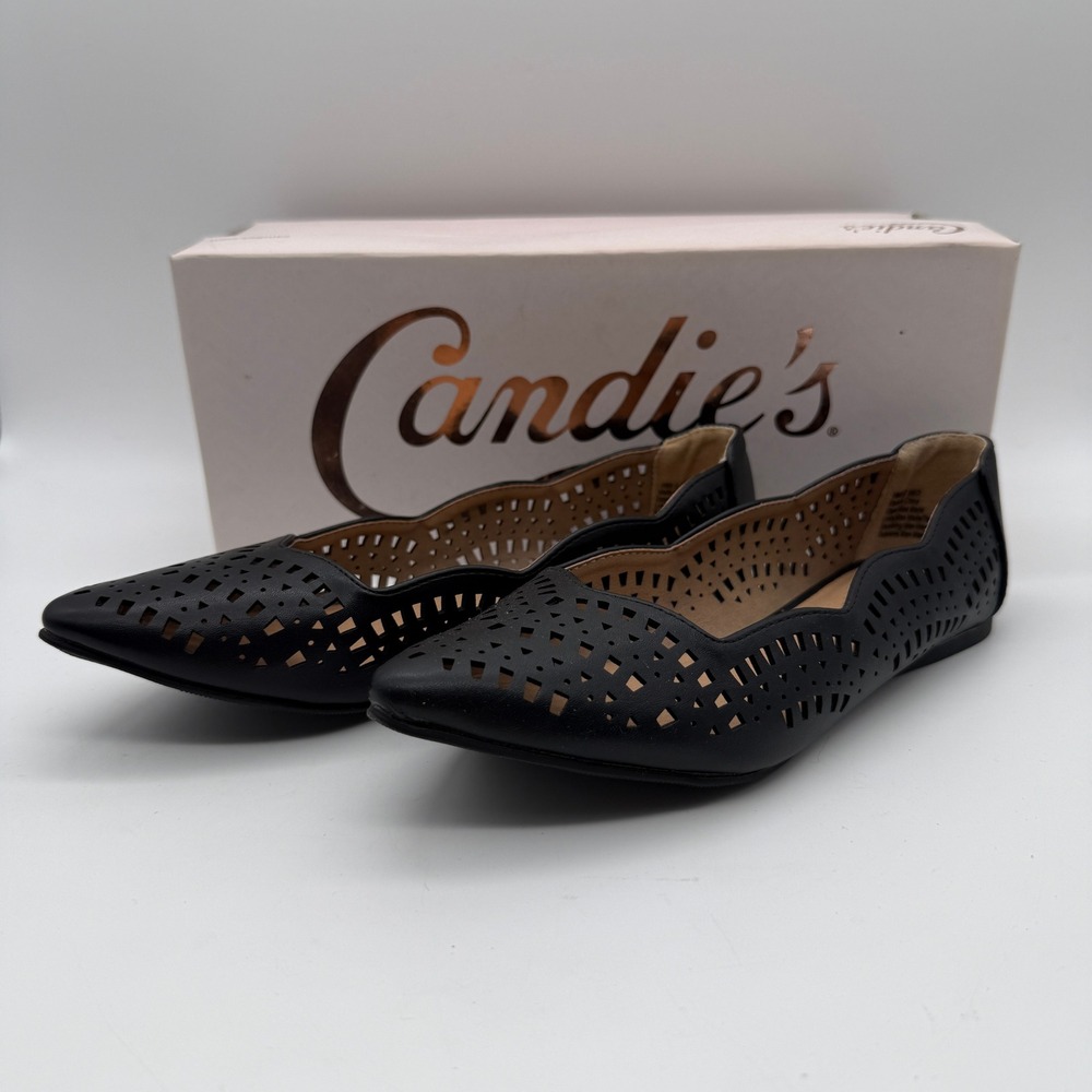 Candies Carayz Flats Womens 6 Black Laser Cut Pointed Toe Scalloped Shoes